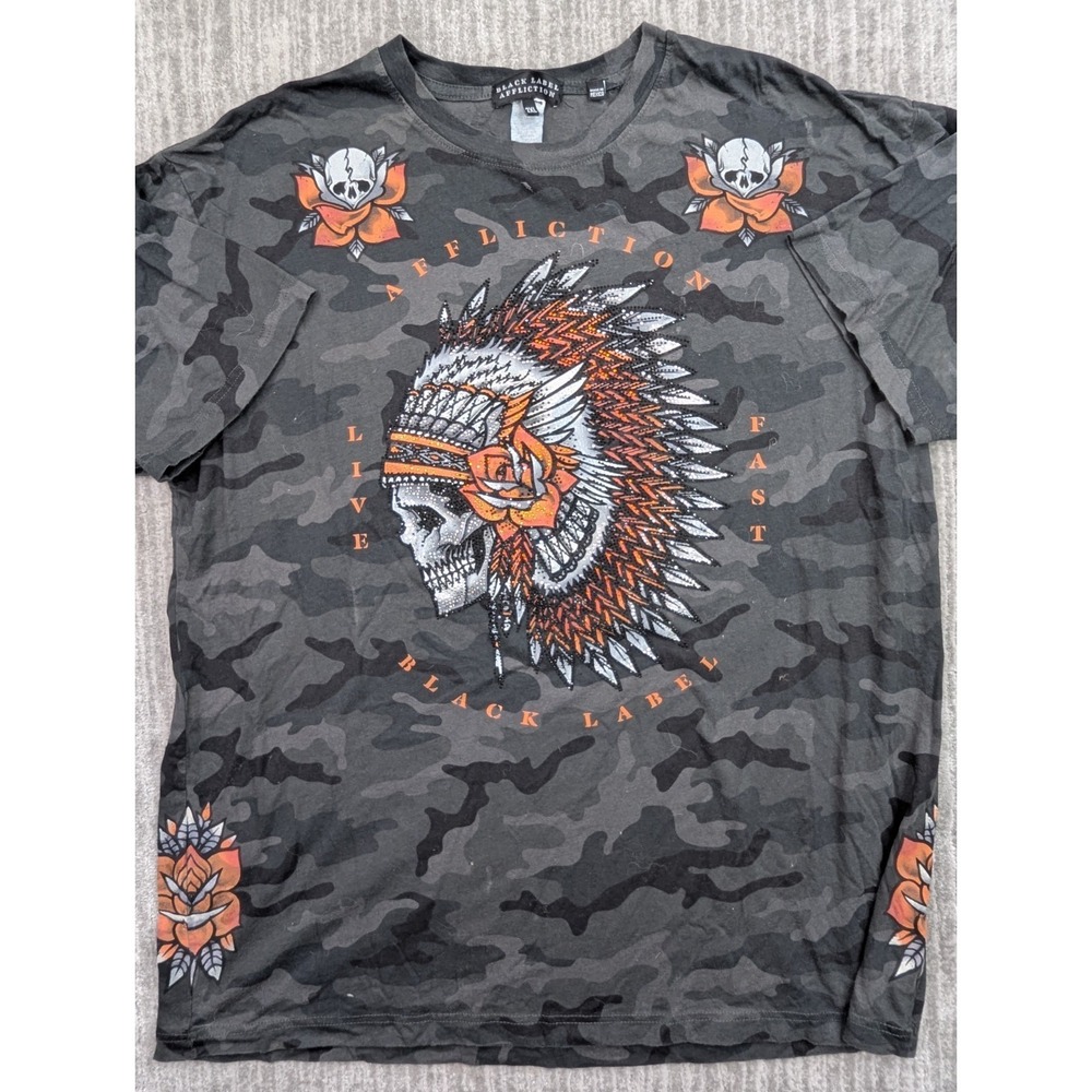 Affliction Women's Black Label Indian Head Rhinestone T-Shirt XL Camo Biker Y2K